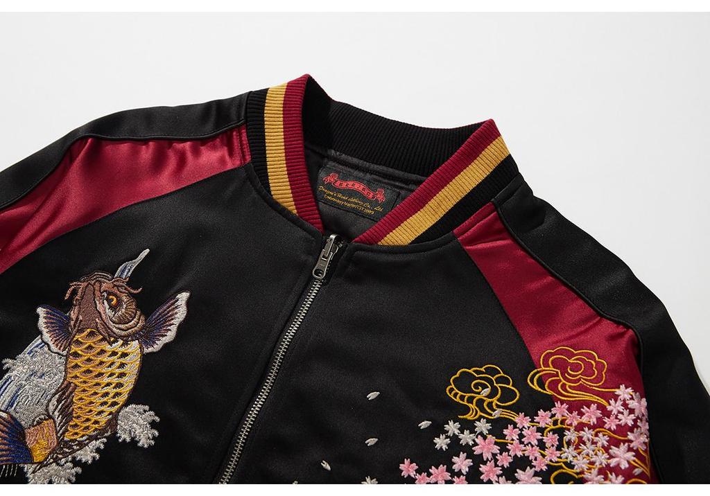 Herren Retro Baseballjacke mit Koi & Floralstickerei - Chinesischer Stil B002