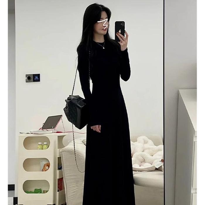 Hepburn-Inspired Black Long-Sleeve Dress - Early Autumn 2026, Slimming French Chic Style Medium
