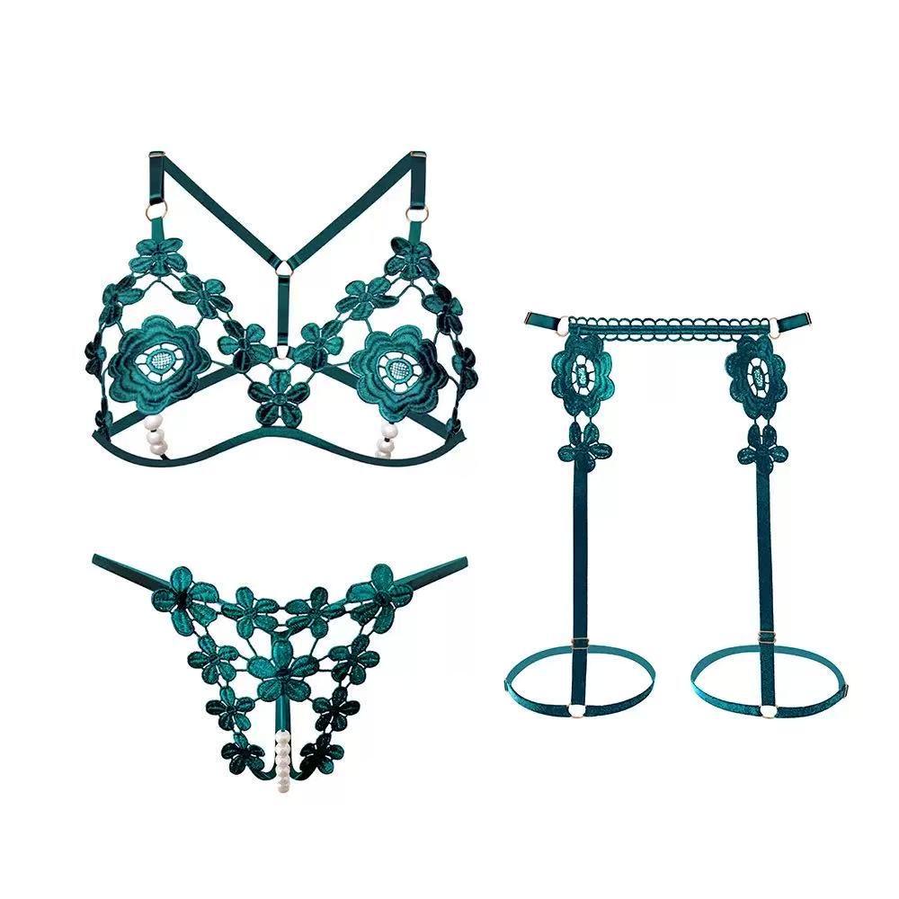 Pearl See-Through Lingerie Set for Small Busts - Three-Piece, Sexy and Teasing, Plus Size Available