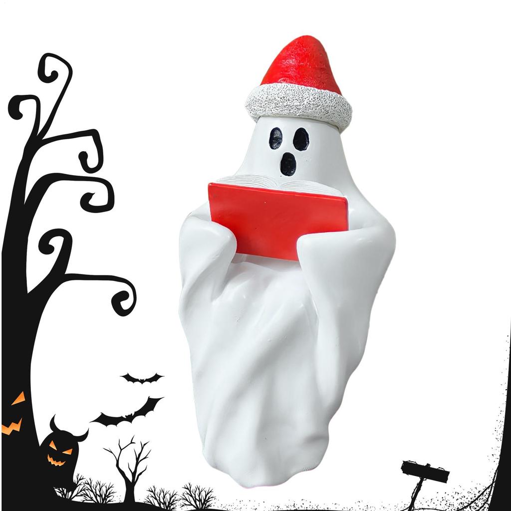 Halloween Reading Ghost Decorative Ornament Resin Statue With Christmas Hat Tabletop Decor Sitting Ghost Figurine Reading A Book
