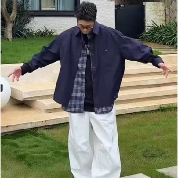 Navy Oversized Faux Shirt Jacket with Plaid Casual Street Loose for Everyday and Winter [cnstone] Men's Two-Piece Lining, Style, Fit, Wear, Spring,