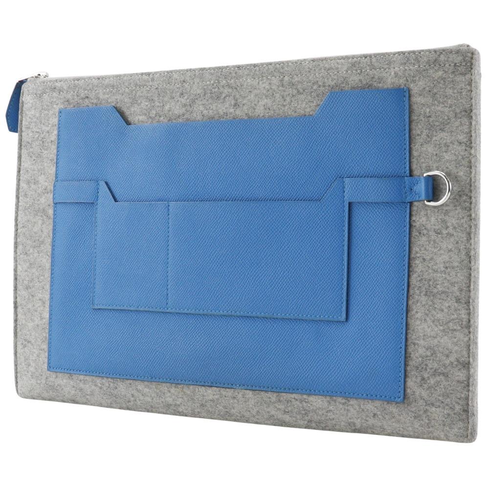Hermes Too Doo 37 Clutch bag Blue Zanzibar Blue / grauer Filz/Epsom Unisex Gebraucht
