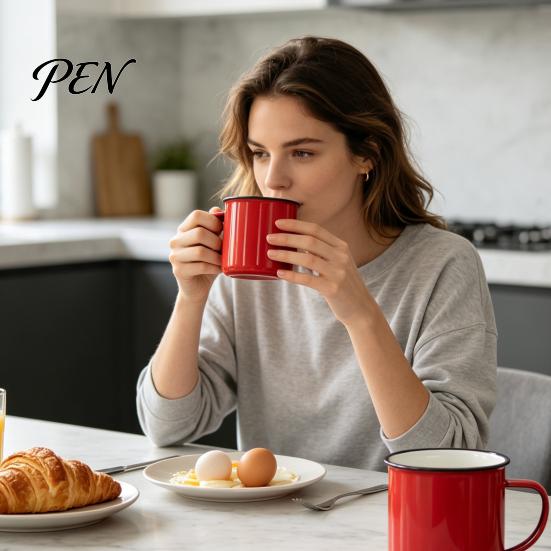 Lead-free Enamelware Vintage Enamel Mug with Handle, Solid Color Heat Resistant Tea Cup Drinking Cup, Durable Portable Tableware for Home Kitchen Use