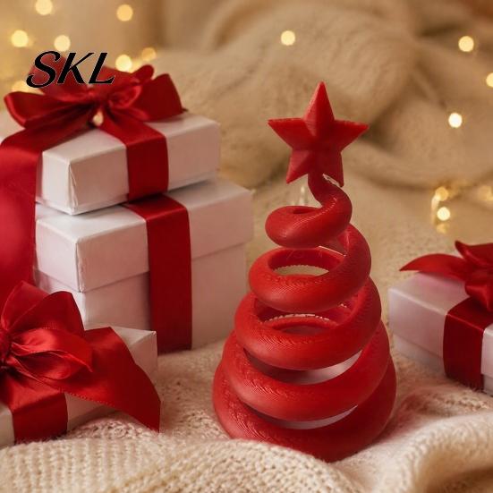 Lightweight Hollow Desktop Figurines 3D Printed Spiral Twisted Christmas Tree Figurine with Star Top, Mini Small Winter Atmosphere Ornament