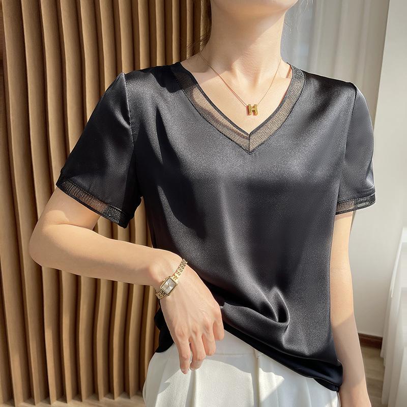 GMXIA Summer Silk Satin Short-sleeved T-shirt, Women's Mesh Solid Color Vest, Elegant V-neck Commuter Top