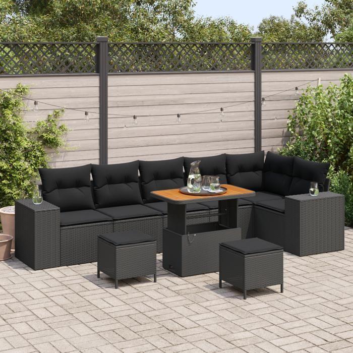 Ensemble de Canapé de Jardin vidaXL 9 pièces avec Coussins Noir Rattan Acacia, Ensemble de Salle à Manger de Jardin vidaXL 3 3362024