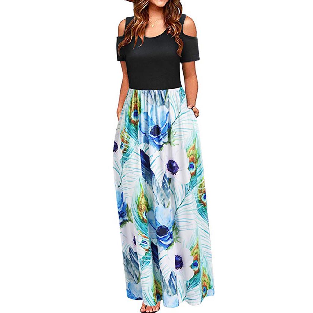 Women Summer Cold Shoulder Floral Print Elegant Maxi Long Dress Pocket Dress