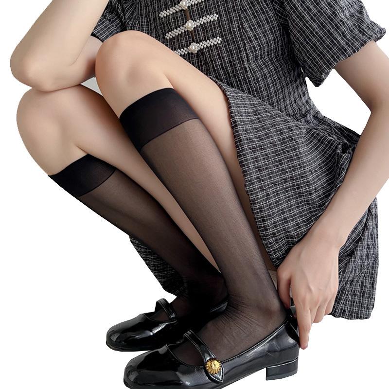 Transparent Calf Socks Velvet Black Socks Women's JK Spring and Summer Thin Pressure Socks Medium Tube Autumn Stockings