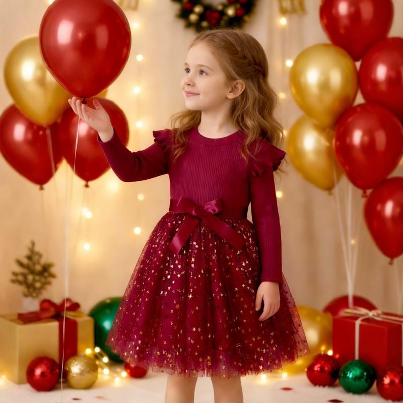 Girls Princess Dress 2026 Fall Long Sleeve Mesh Bow Kids