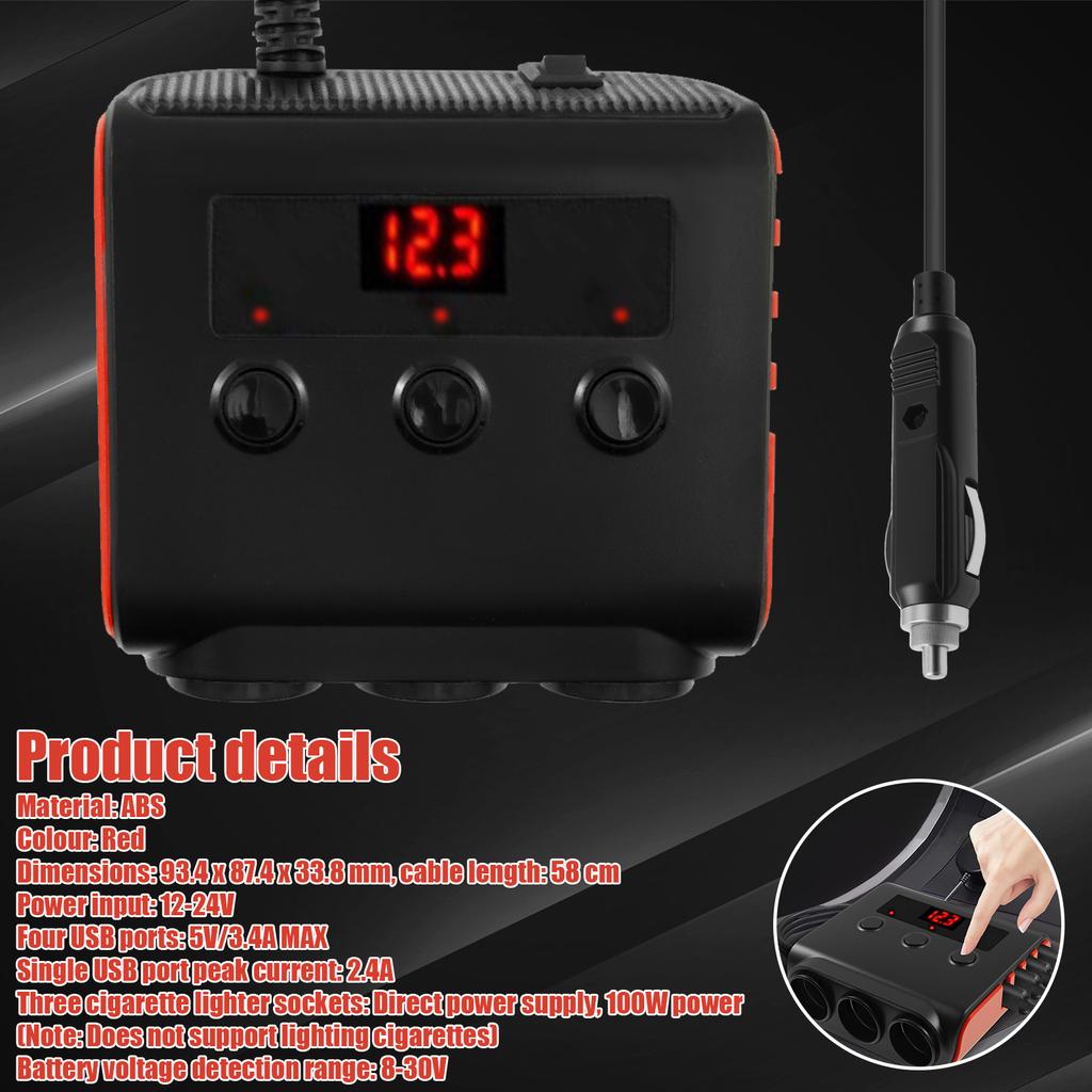 Car Cigarette Lighter Adapter USB Car Charger with 3 Way Splitter and 4 USB Ports 100W 12 V/24 V Car Socket with LED Voltmeter