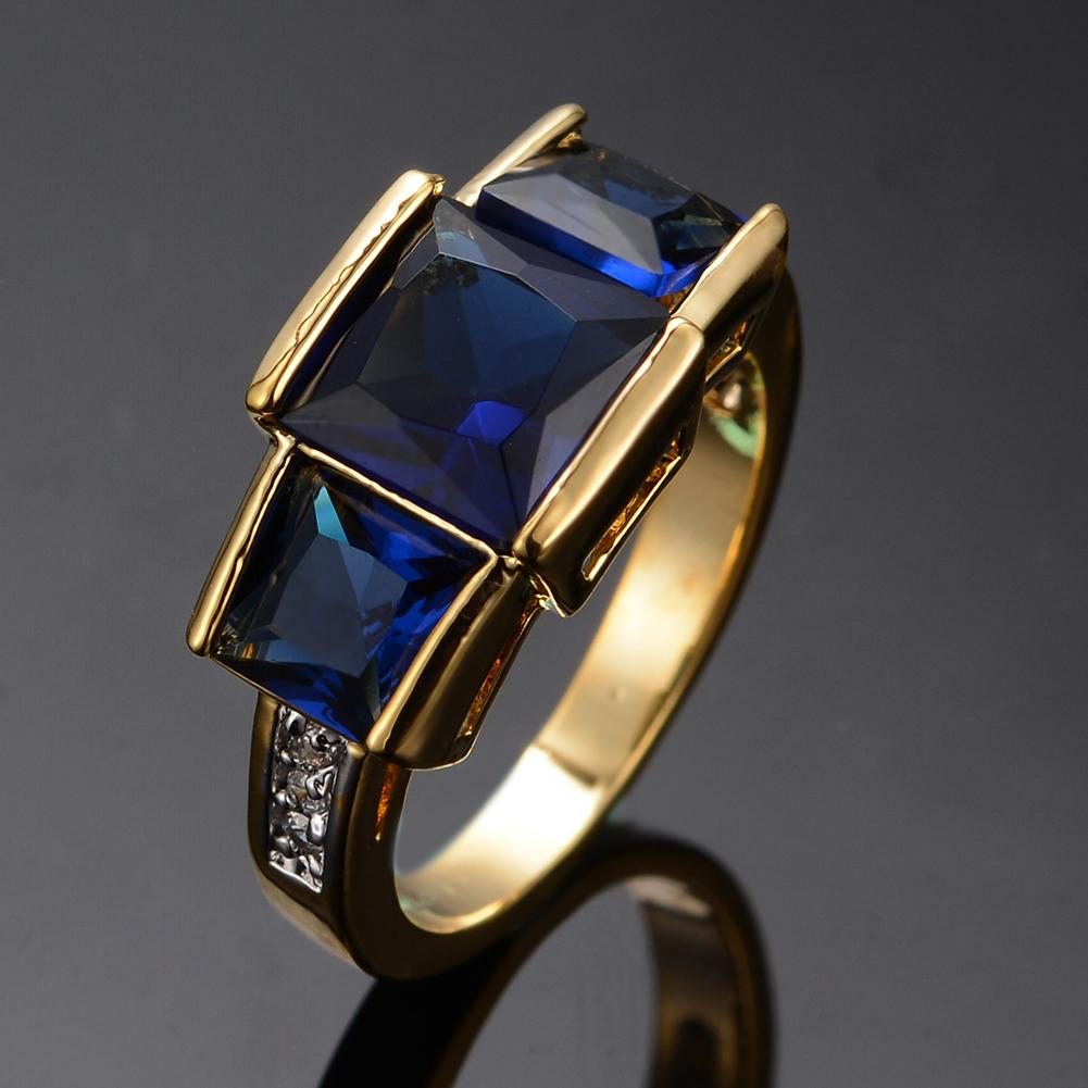 

Luxury Female Crystal Blue Stone Big Yellow Gold Color Wedding Jewelry For Women Vintage Bride Square Engagement Ring 8