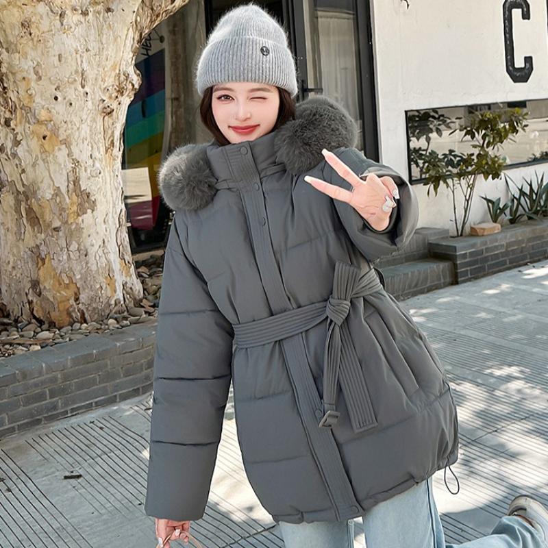 Large Fur Collar Belt Down Cotton Jacket for Women Winter Waist Belt Slimming Thick Sweet Coat