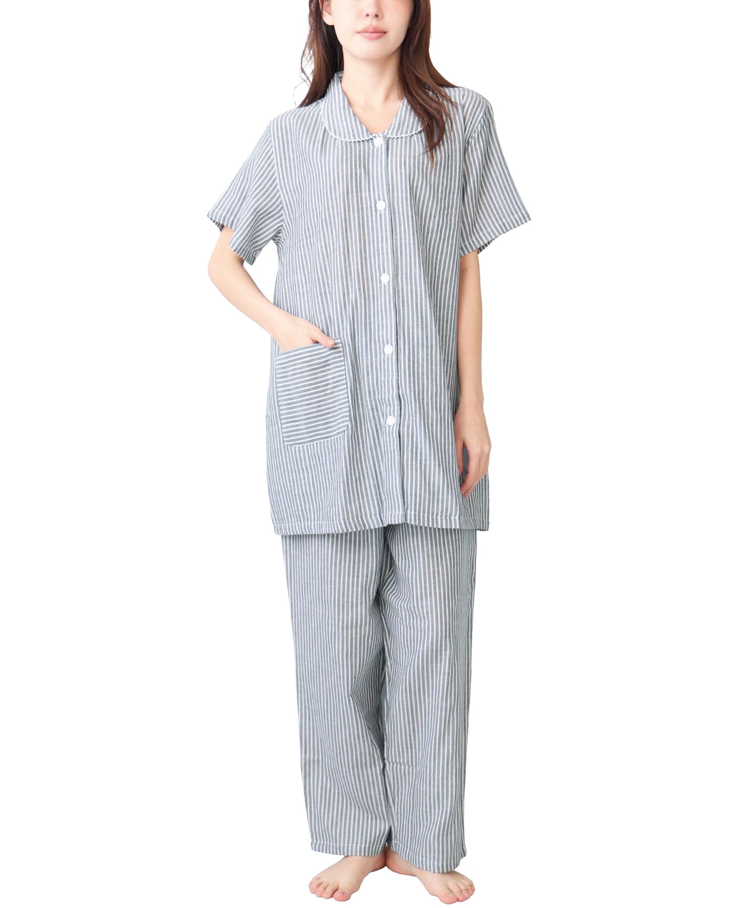 

ON NISHIKI Summer Short Premium Combed Double Top and Bottom Long Pants Size Women s Pajamas, Sleeves, 100% Cotton, Yarn, Gauze, Skin-Friendly,