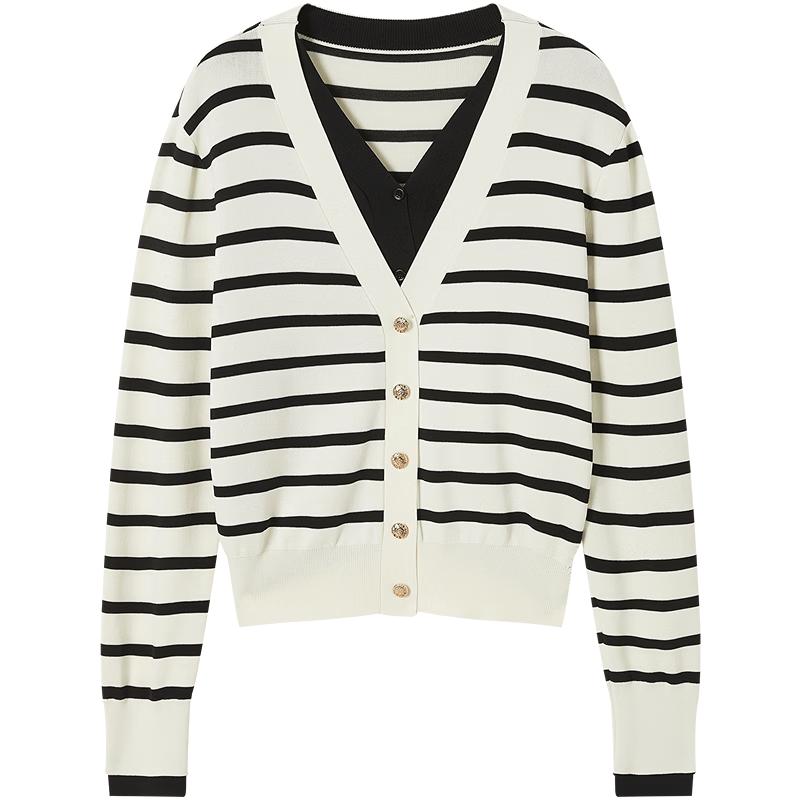 JUZUI Women s Faux Two-Piece Striped V-Neck Knit Top XL