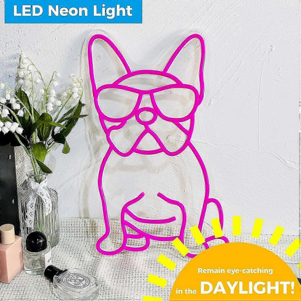 French Bulldog Neon Sign With Glasses, Pink Dimmable Led Wall Decor, Cute Frenchie Gift Idea  WSLIHV