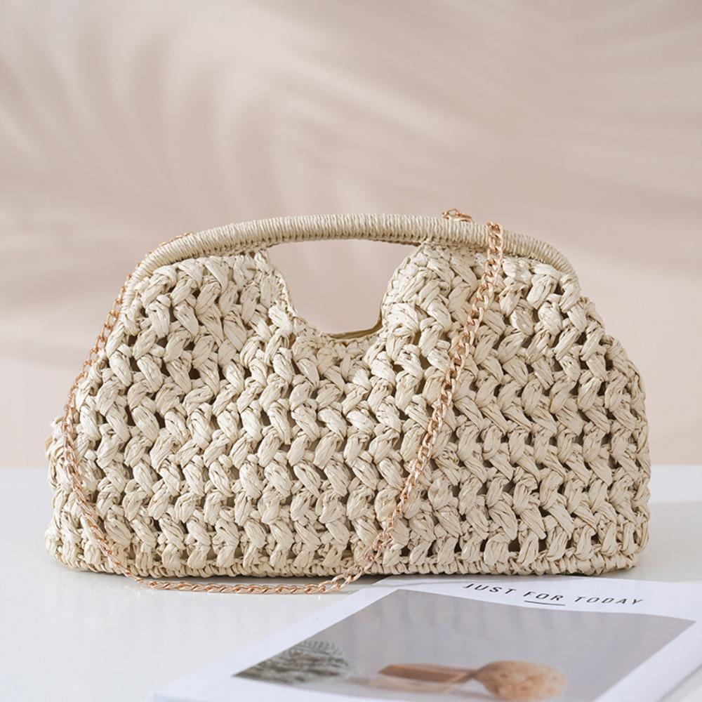 

Clasp Chain Crossbody Bag Grass Woven Handbag Casual Weave Tote Bag Beach бежевый