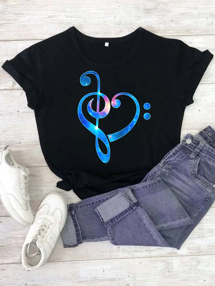 Fashion Women T Shirt Musical Note Printed T Shirt Casual Black Tops 90s Ladies Girls Tee Shirt Female Harajuku Graphic T-shirt