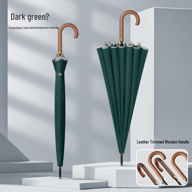 Men's Extra Large 24-Rib Solid Color Business Umbrella with Wooden Handle and Logo Print