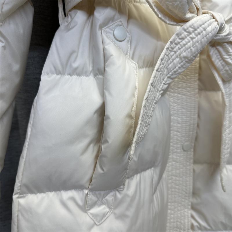 Women's Winter Autumn Hooded White Duck Down Jacket Coat Loose Long Solid Color Big Pocket Belt Waist Down Coat