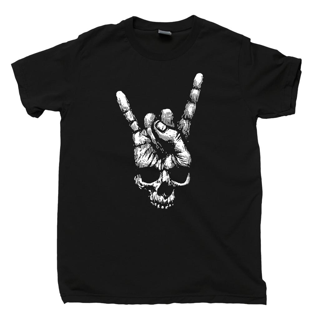 

Skull Hand Sign Of The Horns T Shirt Heavy Metal Rock N Roll Band Tattoo Tee XL
