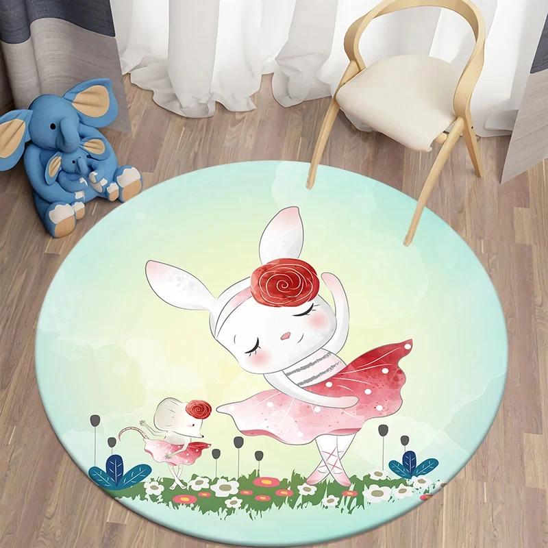 Cartoon Rabbit Girl Animal Flowers Round Carpet Cute Bunny Mouse Circle Rug Home Bedroom Living Room Floor Mat Chair Pad Doormat