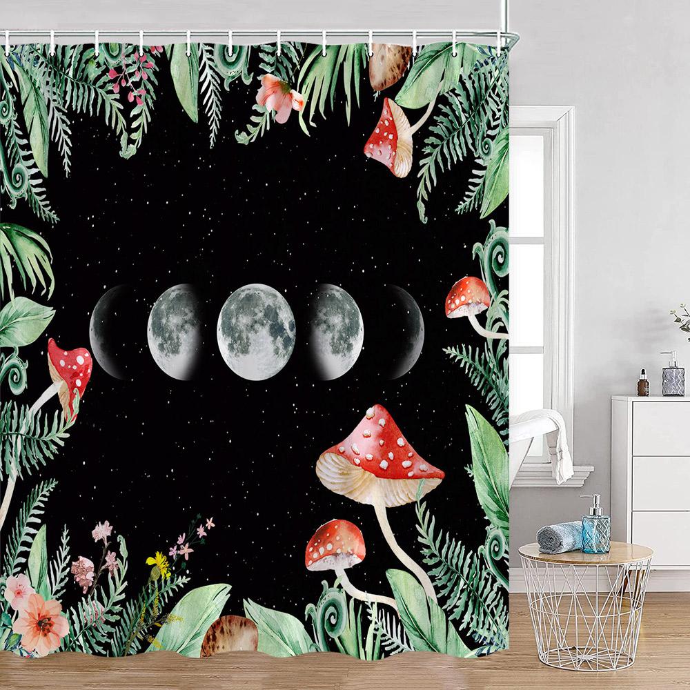 Astrologie Duschvorhang Sternenhimmel Vollmondnacht Grün Magische Pflanzen Pilz Badewannenvorhang Vintage Dunkles Badezimmerdekor Für Zuhause