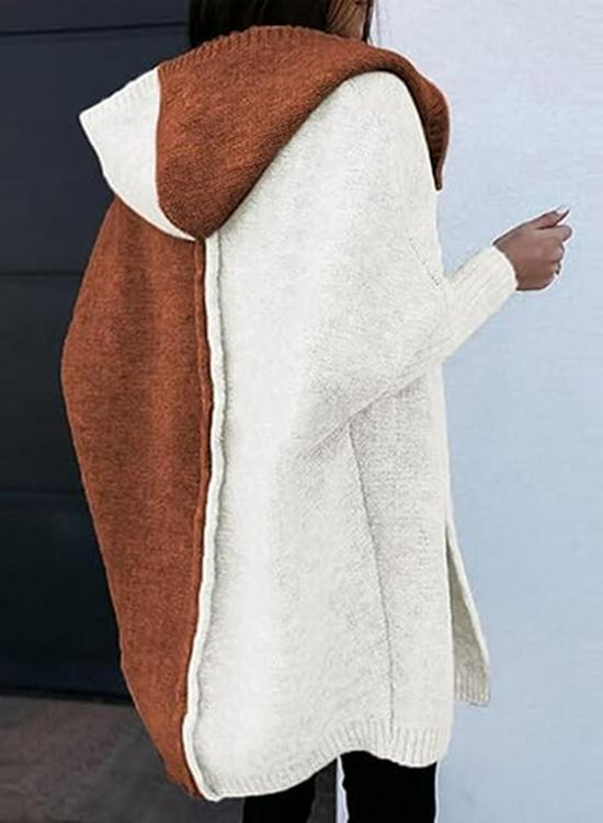 Color Block Hooded Knit Cardigan - Women's Mid-Length Outerwear for Autumn/Winter 2025
