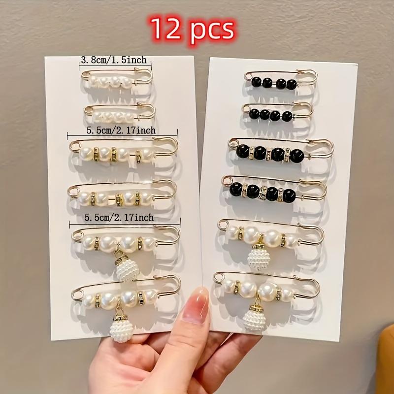 12-Piece Set of Elegant Artificial Pearl Brooches: Versatile Black and White Chic Safety Pin Accessories for Any Outfit