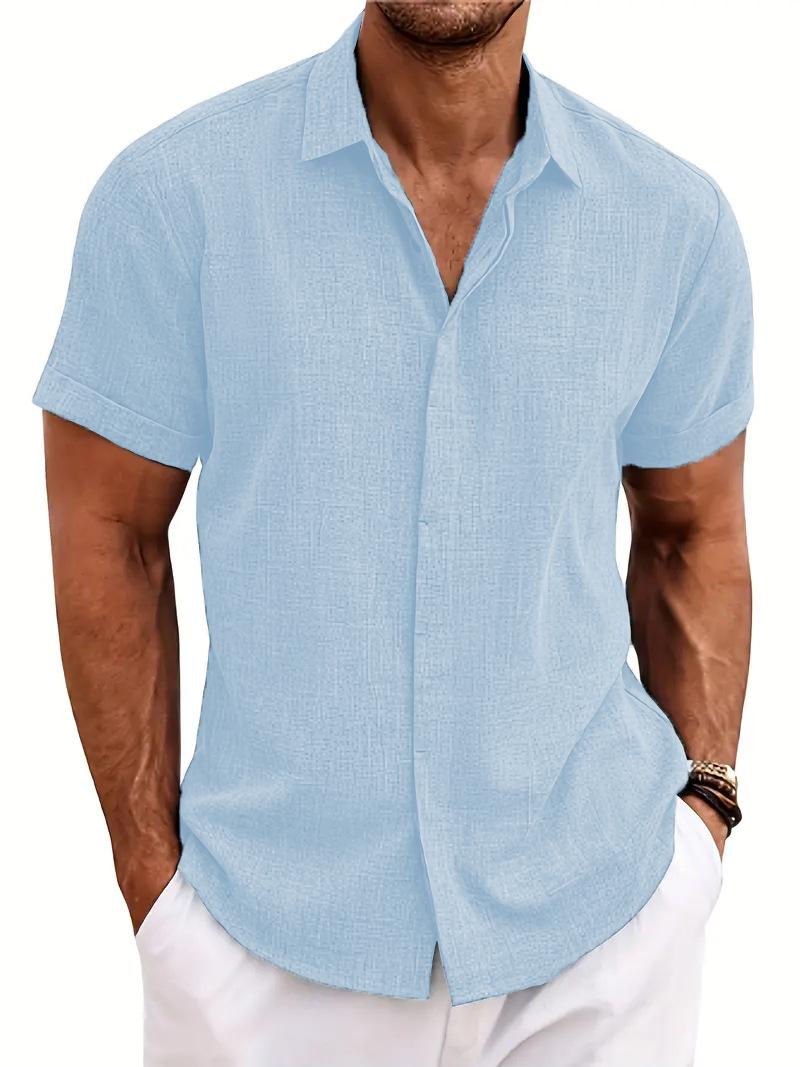 Men s Loose Cotton Linen Beach Shirt - Plus Size Short Sleeve Sweatshirt XXX-Large небесно-голубой