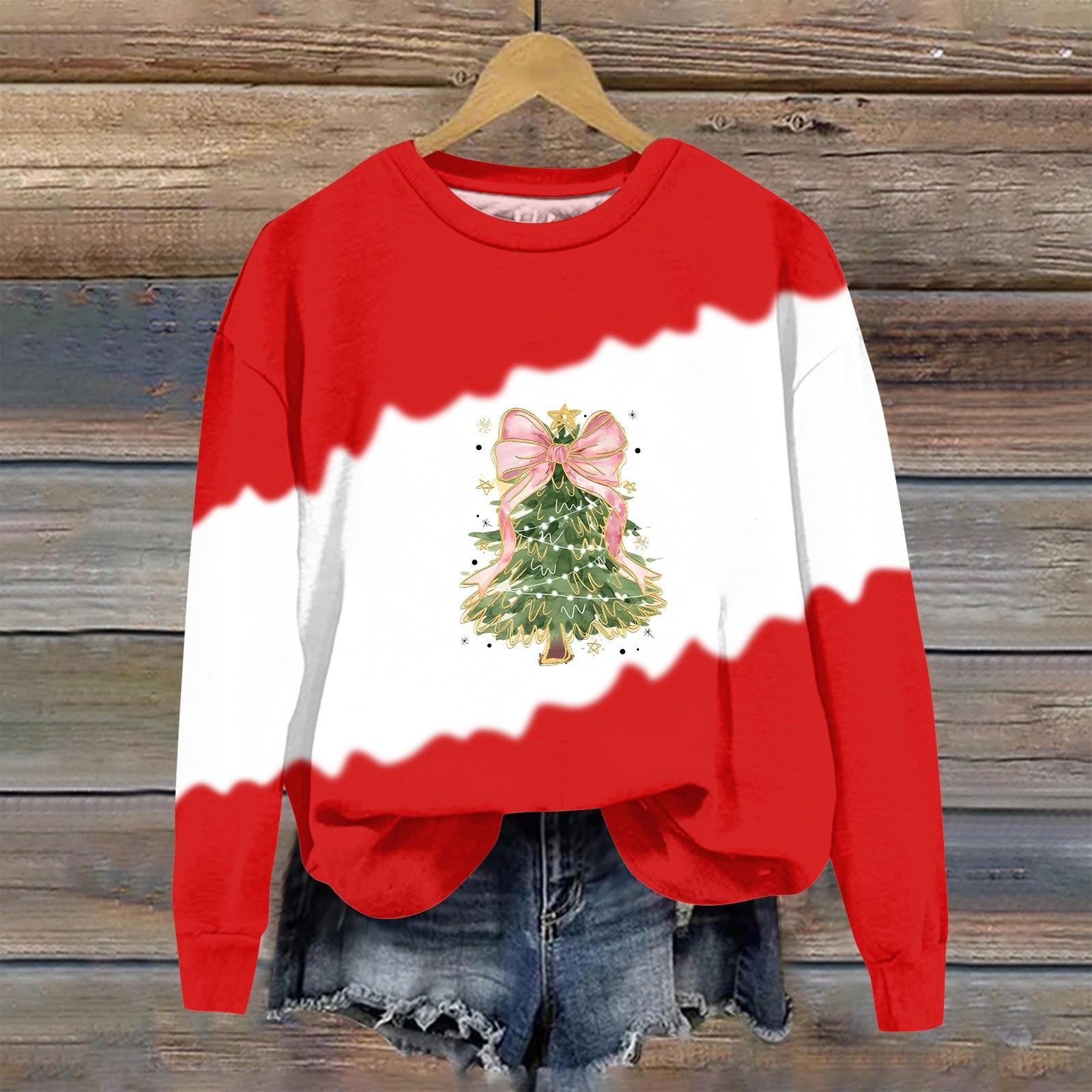 

Женская мода рождественский принт длинный рукав свободный круглый вырез толстовка топ осень XXXL красный