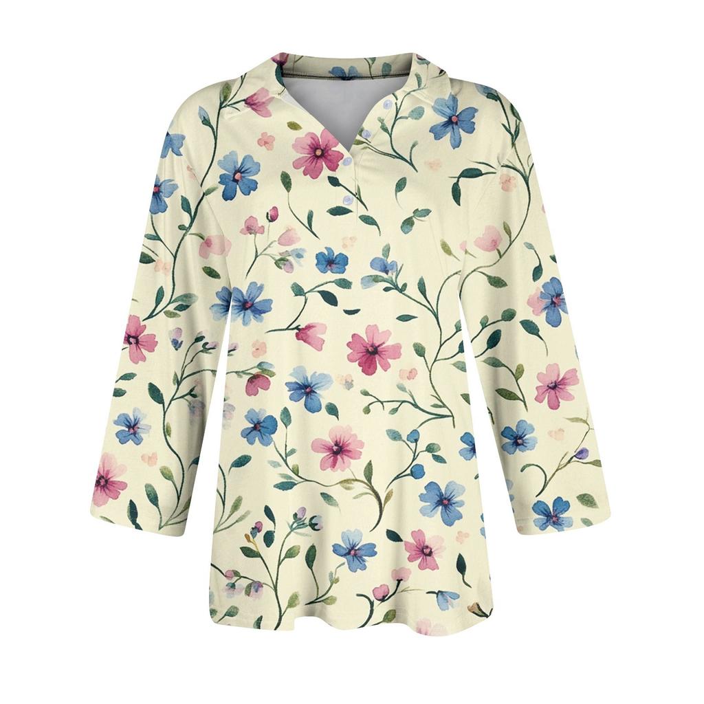 Women's Fashion Casual Button-up Seven-quarter Sleeve Floral Print Lapel Top