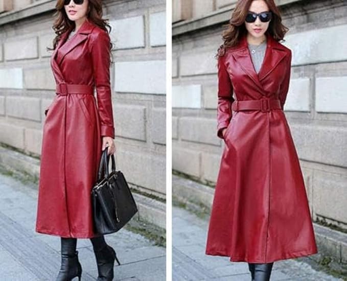 Stylish Handmade Long Trench Coat Women Genuine Lambskin Leather Formal Casual