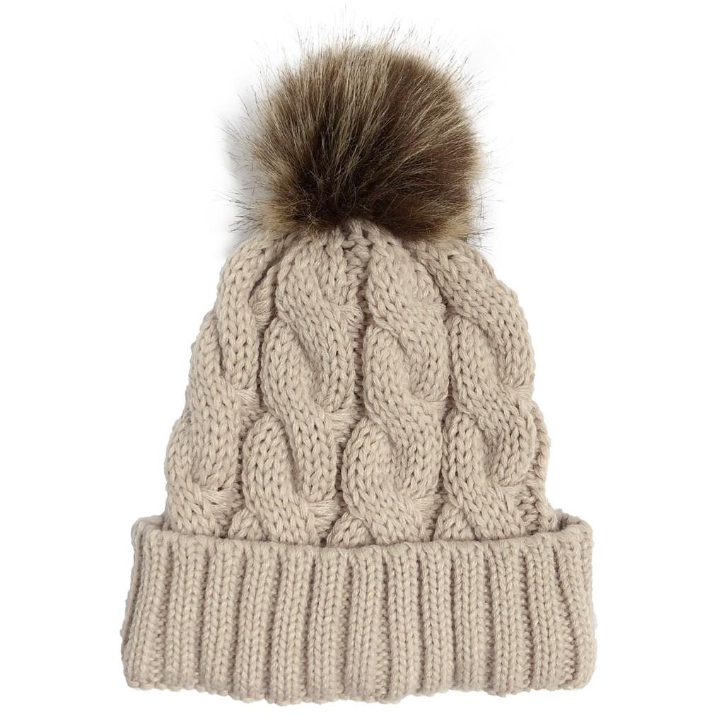 Women Casual Solid Color Patchwork Knitted Wool Yarn Pom Pom Warm Folded Brim Hat Winter Beanie Cap for Outdoor Activities
