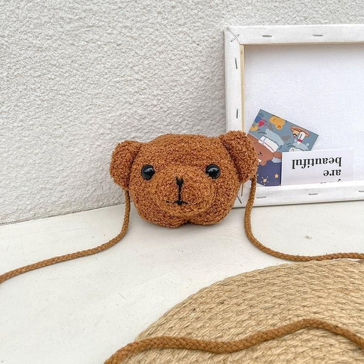 Cute Cartoon Bear Head Mini Crossbody Bag Plush Nylon Shoulder Bag For Students