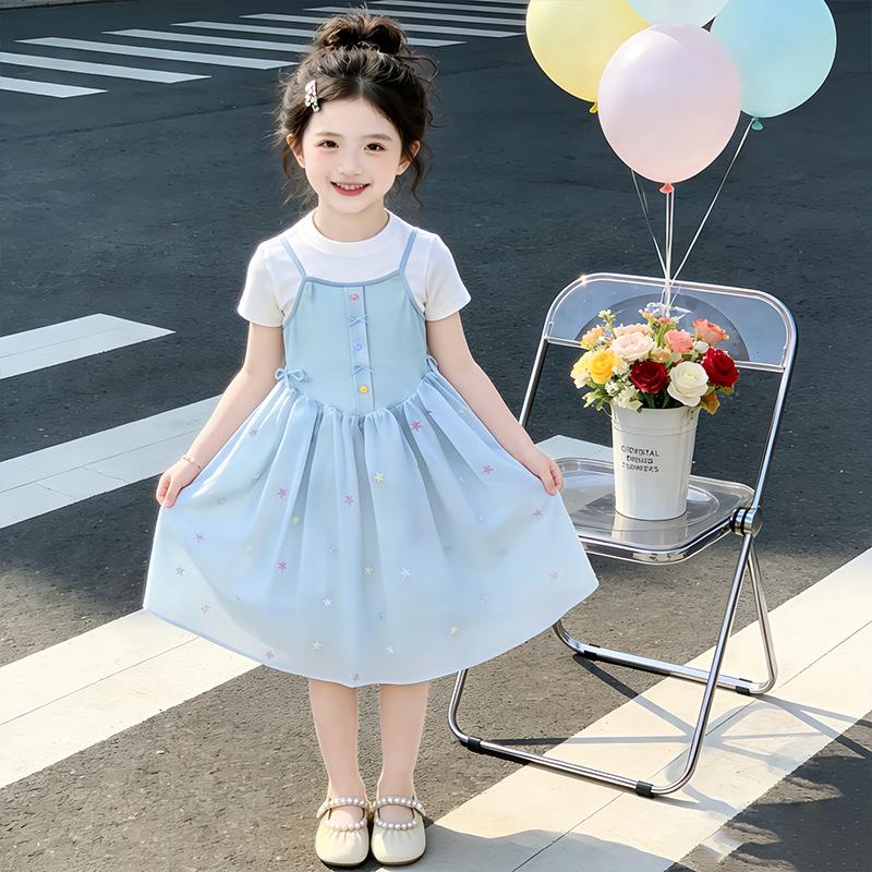 Girls Summer Sweet Princess Dress Medium Large Kids Short Sleeve Fake Two Piece Mesh Midi Dress