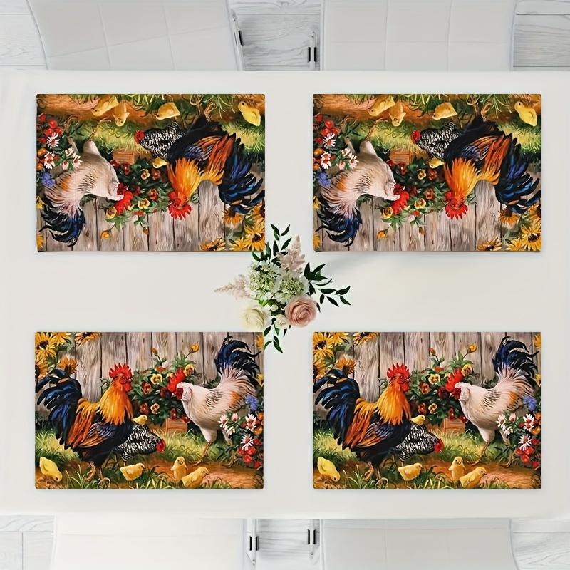 4-Pack Hand Washable Polyester Place Mats | Woven Farmyard Style Table Mats with Rooster & Hen Design | 18X12 Inches Rectangle Floral Pattern Mats