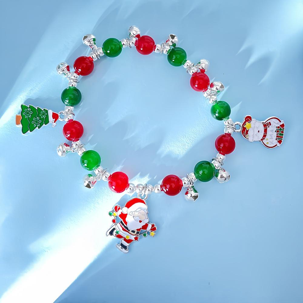 Women's European & American Christmas Glass Beaded Bracelet with Alloy Pendant and Elastic Cord