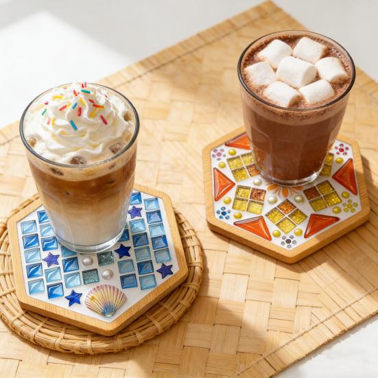 Yousheng 1 Set DIY Mosaic Tile Coaster Set Mixed Color Mosaic Kit with Wooden Coaster Kids Adults Handmade Mosaic Crafts Coaster with Accessories