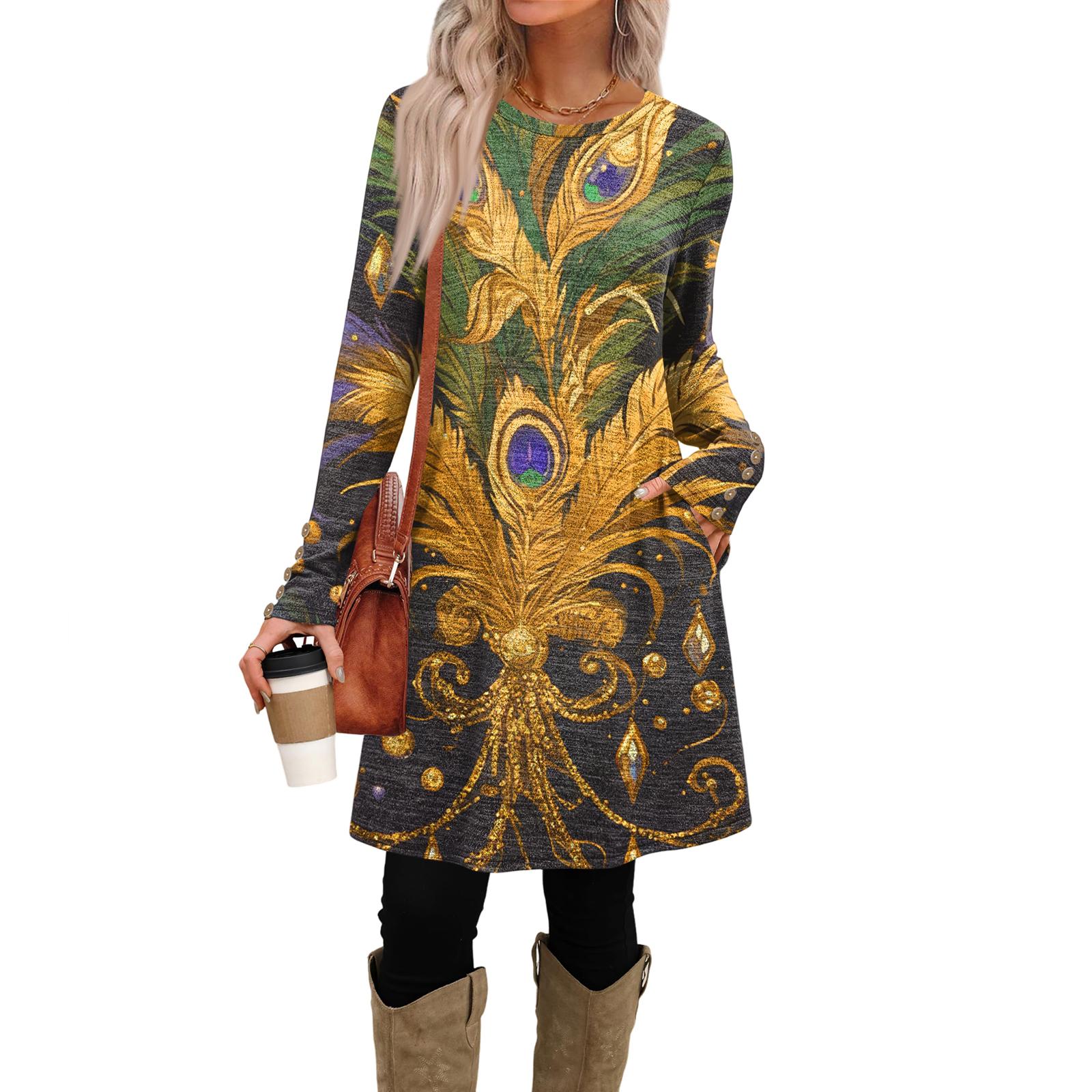 

Women s Fashion Casual Dress With Pockets, Decorative Buttons, Carnival Prints, Round Neck And Long Sleeves S