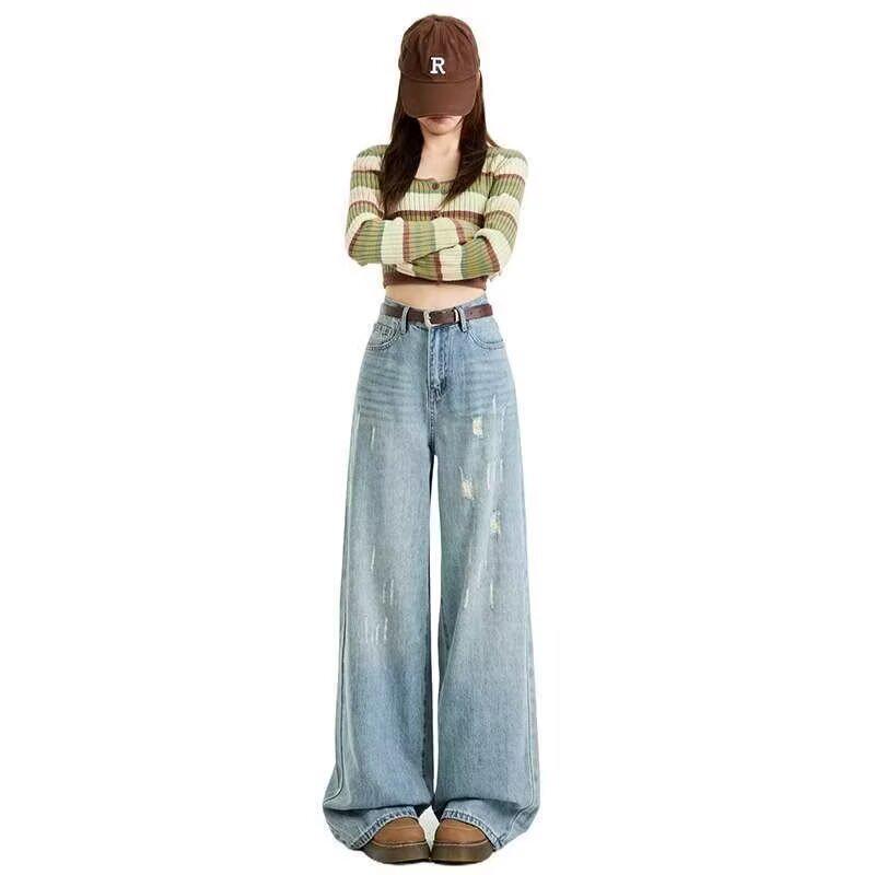 

Women s High-Waisted Wide-Leg Jeans: Washed, Distressed, Slim-Fit, Hip-Covering, Floor-Length for Spring/Autumn 3XL синий