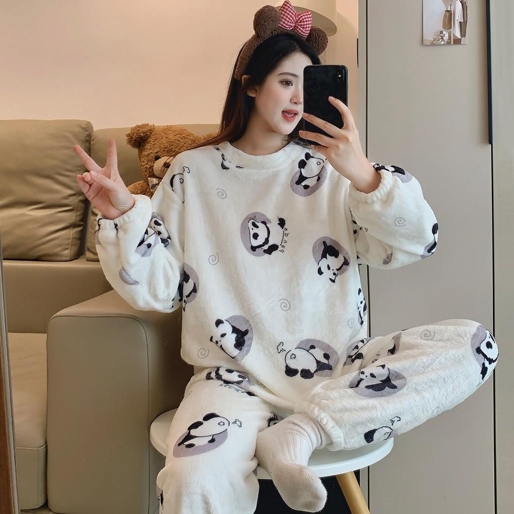 Autumn Winter Warm Flannel Women Pyjamas Sets Thicken Coral Velvet Long Sleeve Cute Cartoon Sleepwear Women's Flannel Pajamas Set for Youth Girl