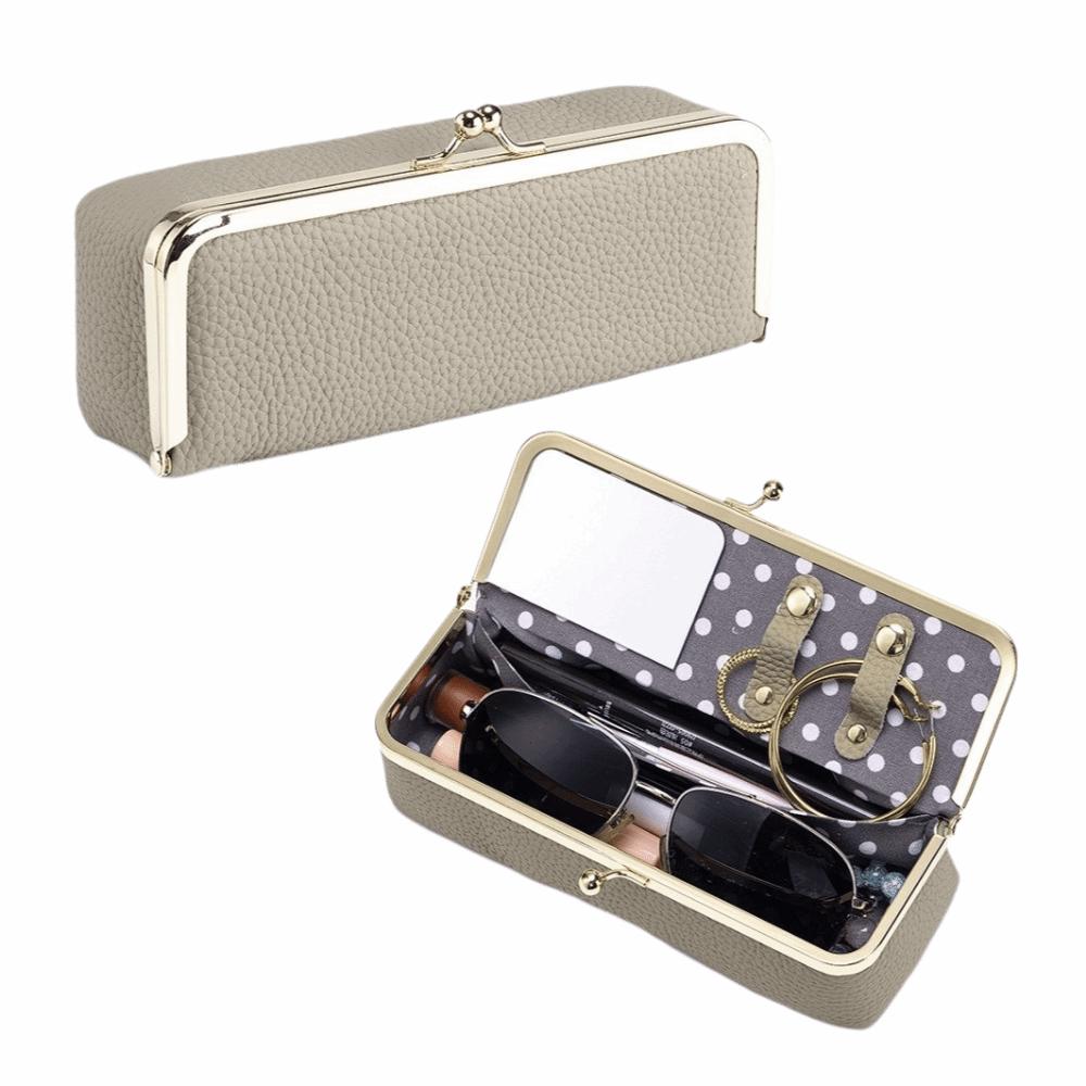 Genuine Leather Cosmetic Storage Pouch Portable Solid Color Sunglasses Storage Case Buckle Fixed Compact Jewelry Storage Bag