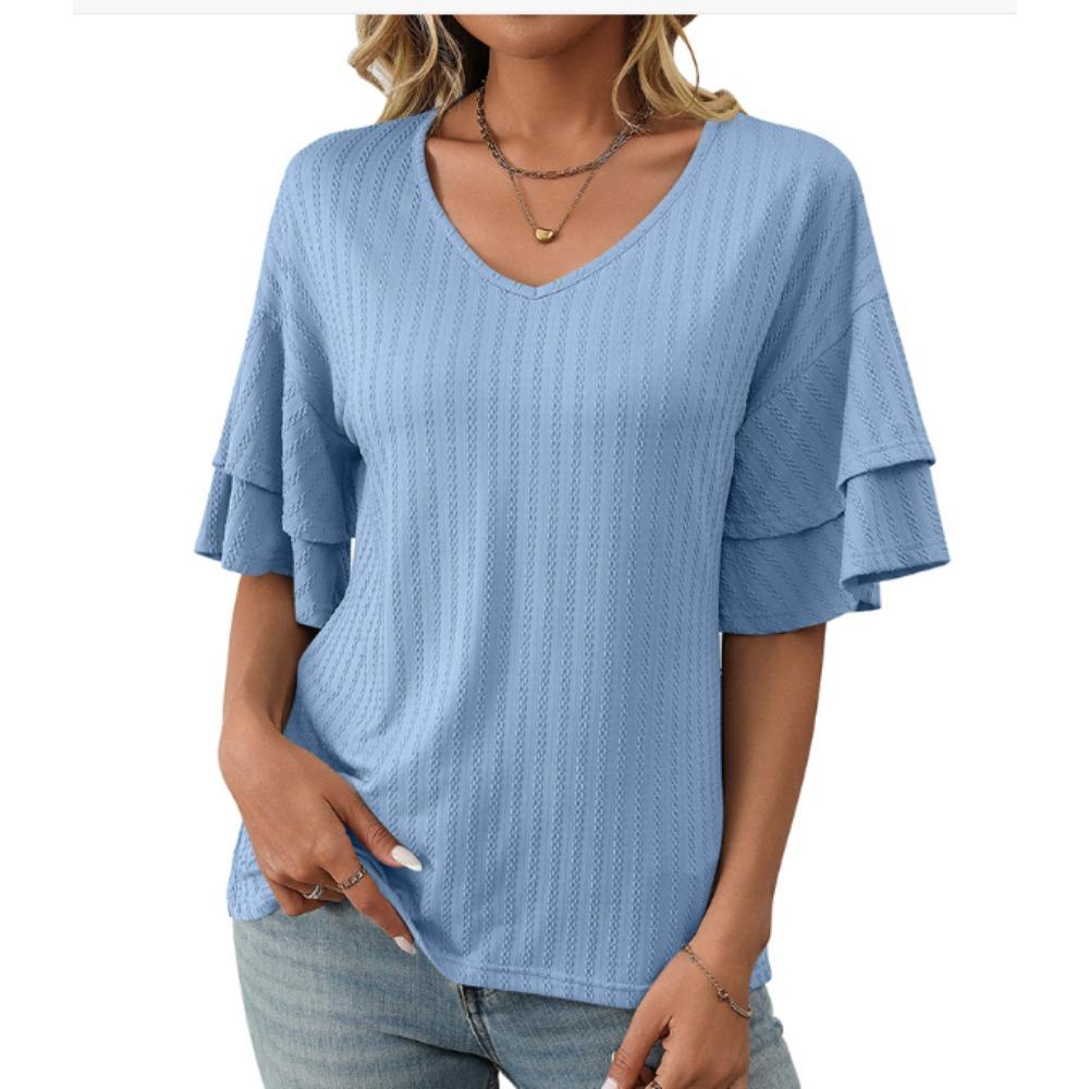 Summer new solid color V-neck ruffle sleeve short sleeved T-shirt top for women