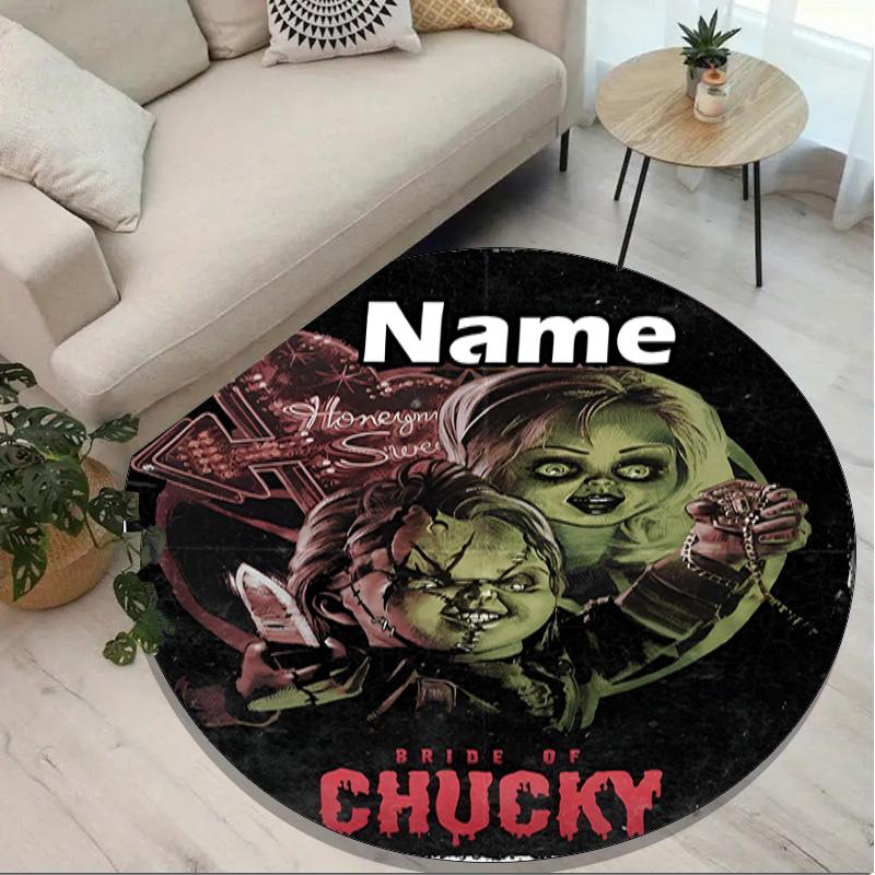 Custom Name Personalized Bride of Chucky Print Round Rug, Versatile Home Decor Carpet, for Playroom, Apartment, Balcony, Entryway, Hallway Gift