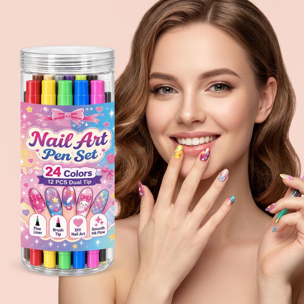 Dual End Nail Art Markers, 24 Colors Nail Painting Pen Kit for Home DIY Nail Decorations, Smooth Ink Flow Nail Drawing
