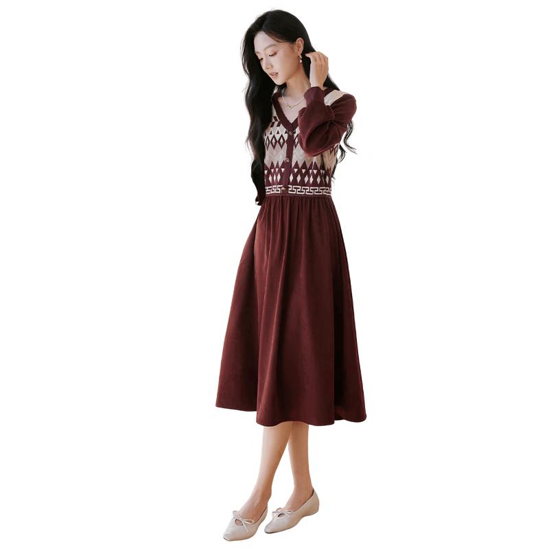 Xiangying Bohemian V-Neck Knit Patchwork Dress M