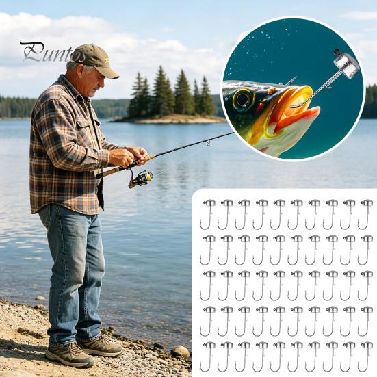 Compact Fishing Supplies 50Pcs Metal Hooks Set, 3.5/5/7/10/14g Jig Head Hook, Heavy High Strength Duty Fish Hook with Barbs for Freshwater Saltwater
