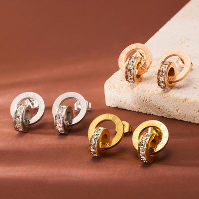 Wenjian 18K Gold-Plated Roman Ring Zircon Rose Gold Earrings