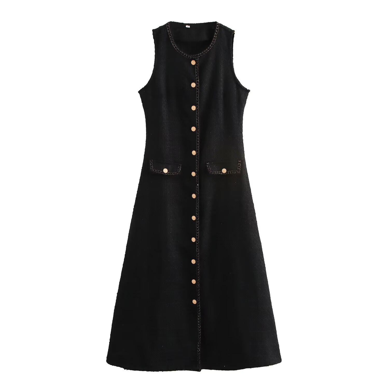 

2024 Autumn Women s European & American Style Chunky Knit Sleeveless Long Dress M чёрный