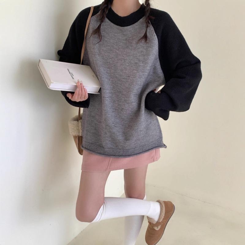 Autumn and winter new casual versatile raffle sleeves with sweater women's loose versatile color matching crew neck knitted sweater
